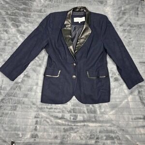 Foxcroft NYC Navy Blue Wool Blend Blazer Faux Leather Trim Jacket Womens 12